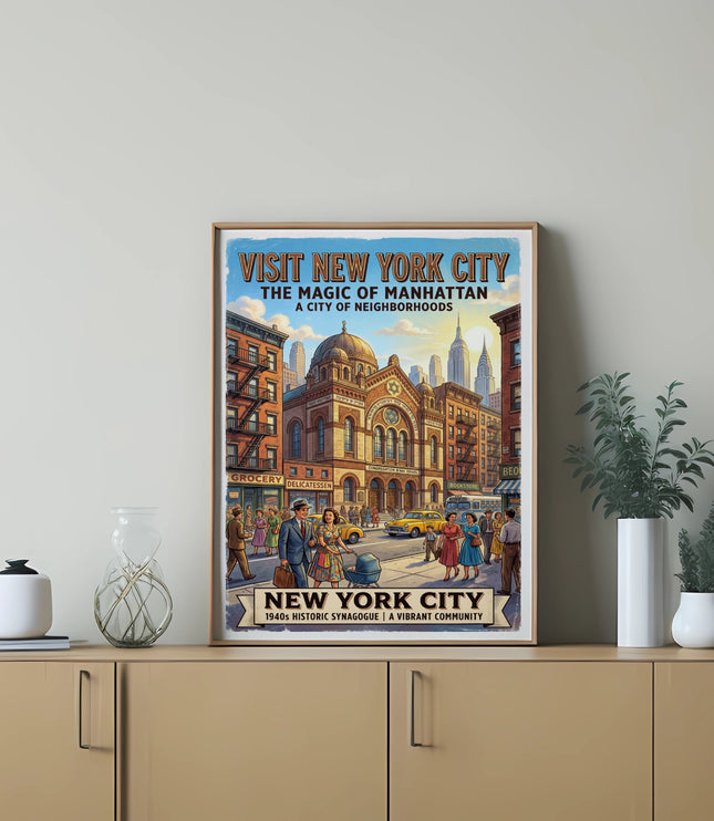 Vintage poster of New York City with text "Visit New York City" and "1940s Historic Synagogue."