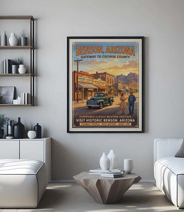 Poster for Benson, Arizona, featuring a vintage street scene with shops and a truck.
