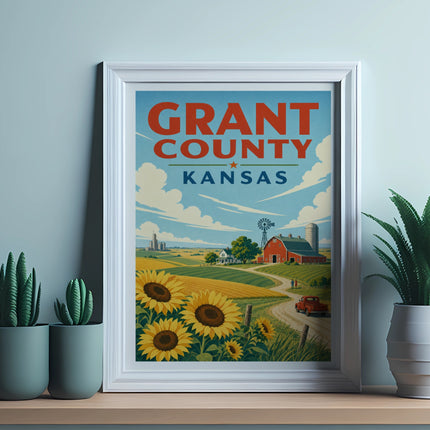 Grant County, Kansas framed poster with farm scene, sunflowers, and red barn.