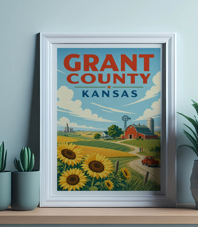 Grant County, Kansas framed poster with farm scene, sunflowers, and red barn.