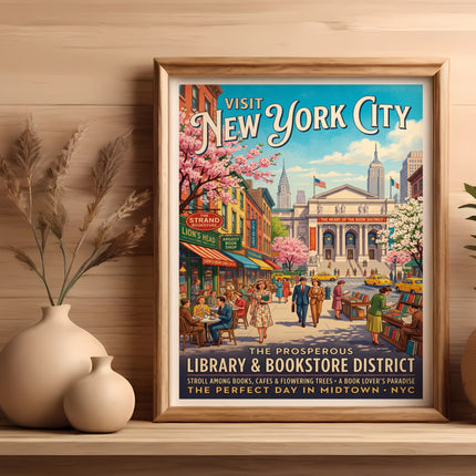 Vintage New York City poster showcasing The Strand Bookstore and vibrant street scene.