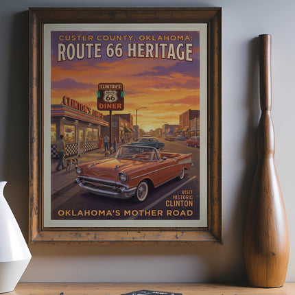 Poster of Clinton's Route 66 Heritage diner with vintage car at sunset.