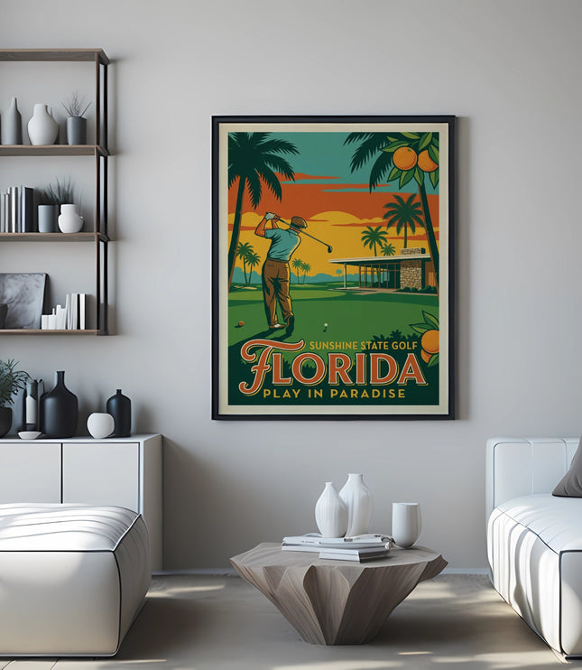 Vintage Florida golf poster with golfer, palm trees, and oranges, text "Florida Play in Paradise."