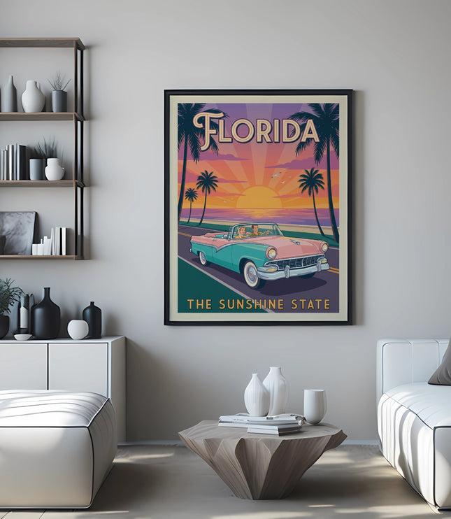 Florida travel poster with vintage car, palm trees, and sunset over water.