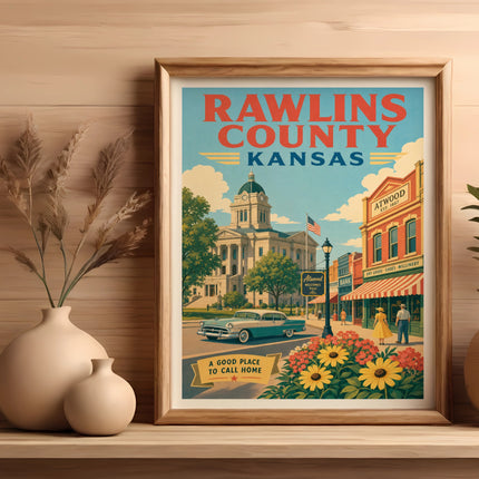 Vintage poster for Rawlins County, Kansas, featuring a town square scene.
