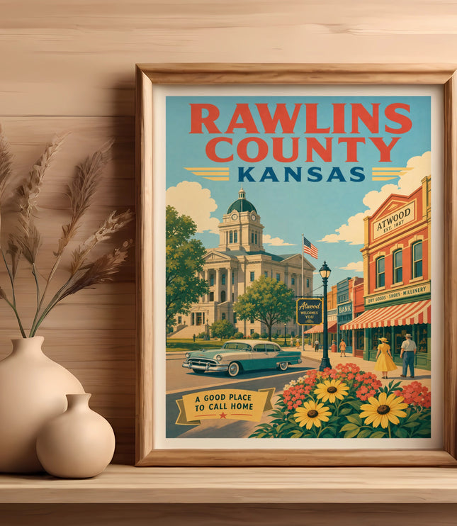 Vintage poster for Rawlins County, Kansas, featuring a town square scene.