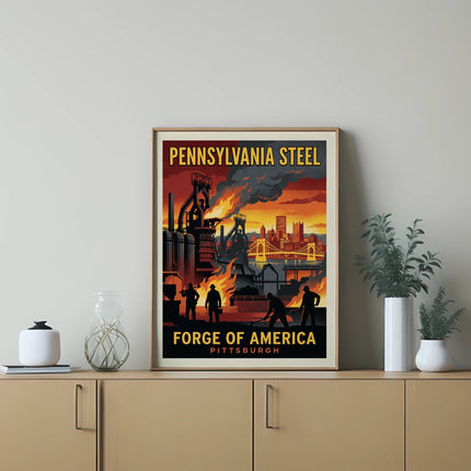 Pennsylvania Steel Pittsburgh industrial landscape artwork in a framed poster.