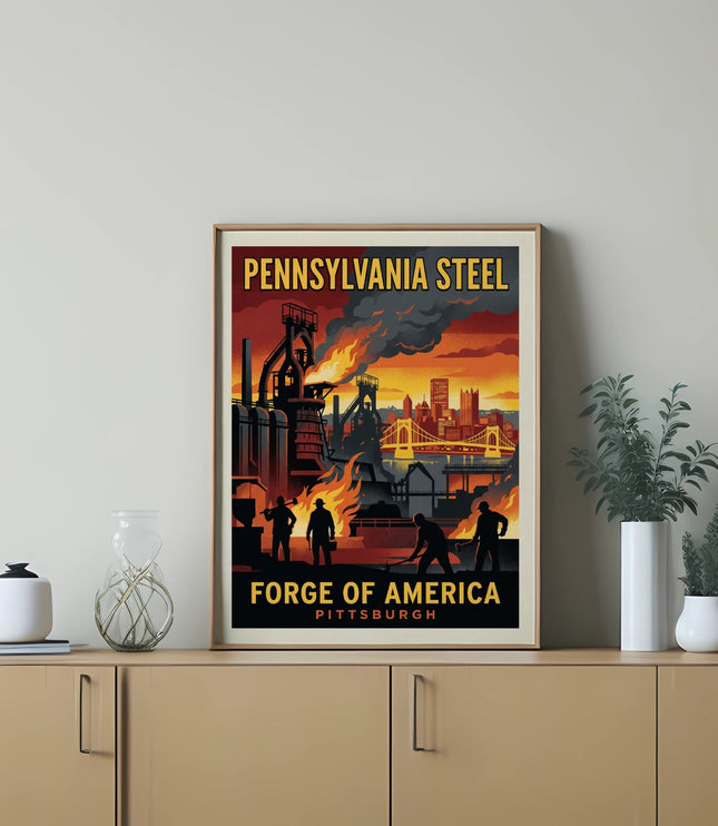 Pennsylvania Steel Pittsburgh industrial landscape artwork in a framed poster.