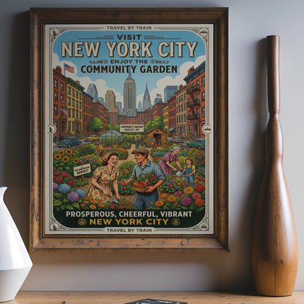New York City travel poster depicting a community garden and cityscape.
