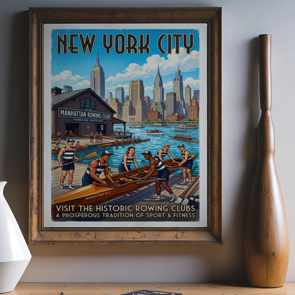 Vintage New York City poster for Manhattan Rowing Club, showing rowers.