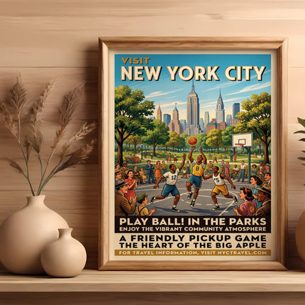 Vintage poster advertising playing basketball in New York City parks.