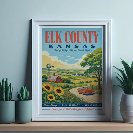 Elk County Kansas vintage travel poster with rolling hills, farm, and car.