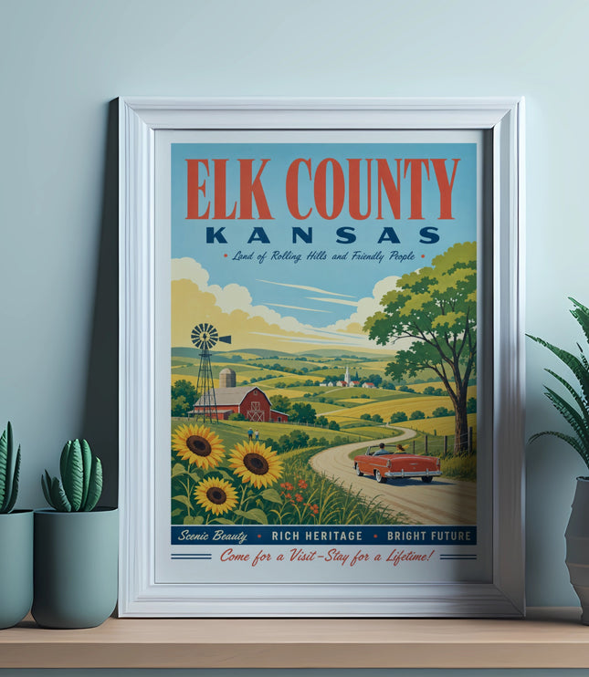 Elk County Kansas vintage travel poster with rolling hills, farm, and car.