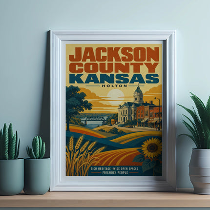 Vintage travel poster for Jackson County, Kansas, showing fields and buildings.