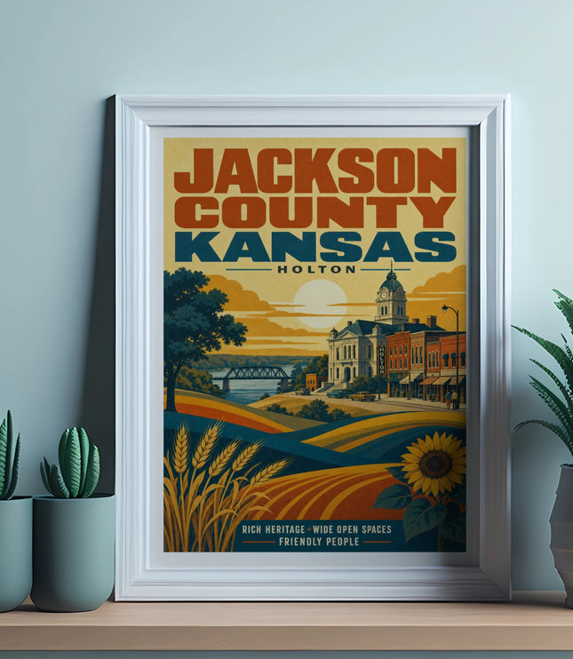 Vintage travel poster for Jackson County, Kansas, showing fields and buildings.