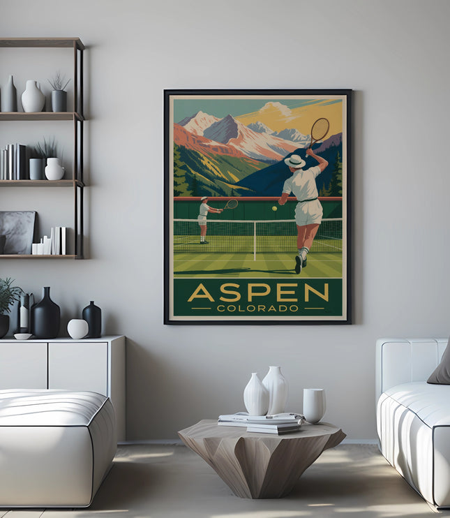 Vintage Aspen Colorado tennis poster featuring two players on a court.