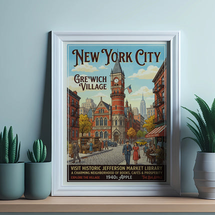 Vintage New York City Greenwich Village Jefferson Market Library poster.