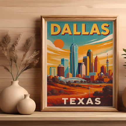 Framed "Dallas Texas" skyline art with vase of dried grass and potted plant.