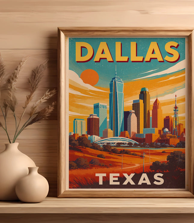 Framed "Dallas Texas" skyline art with vase of dried grass and potted plant.