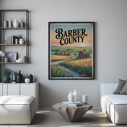 Vintage Barber County poster with farm scene and landscape.