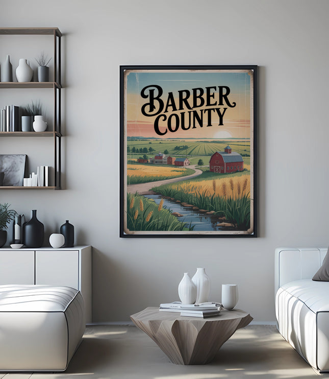 Vintage Barber County poster with farm scene and landscape.