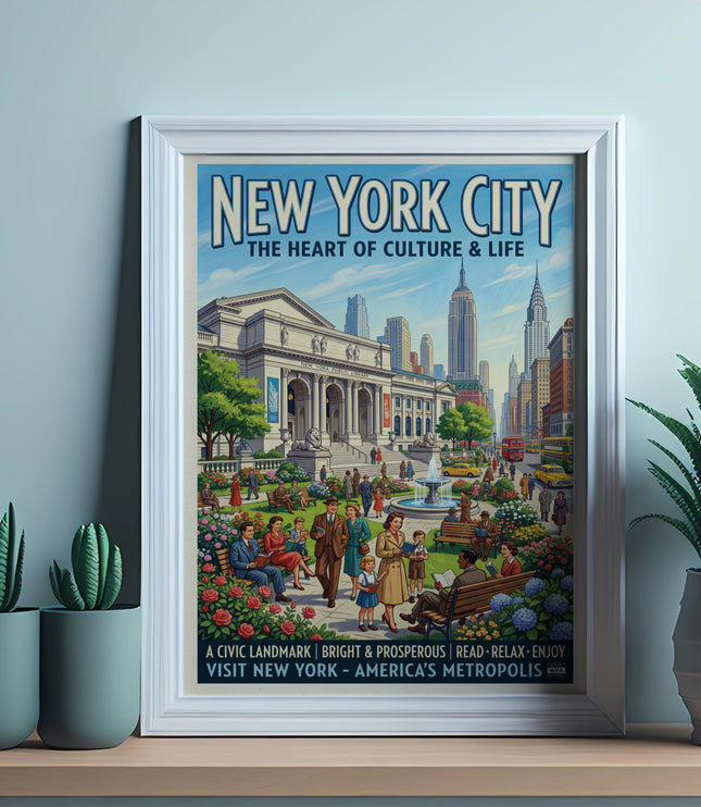 New York City vintage travel poster featuring the New York Public Library and skyline.