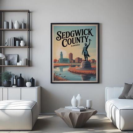 Poster of Sedgwick County, Kansas, featuring a statue and buildings by a river.
