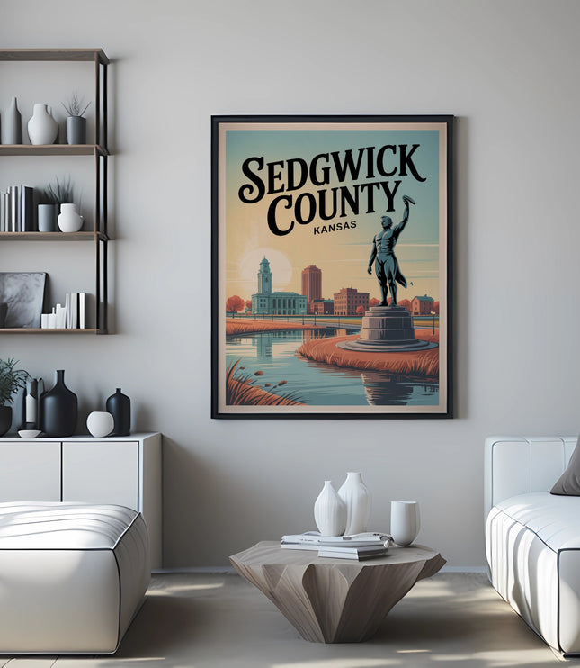 Poster of Sedgwick County, Kansas, featuring a statue and buildings by a river.