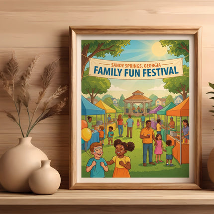 Framed poster for Sandy Springs, Georgia Family Fun Festival with people and tents.