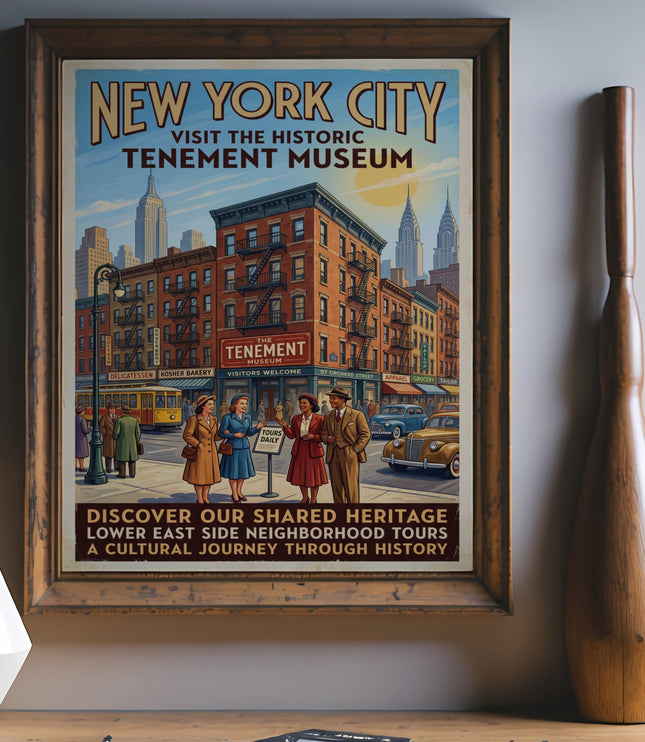 New York City Tenement Museum poster depicting street scene and tours.
