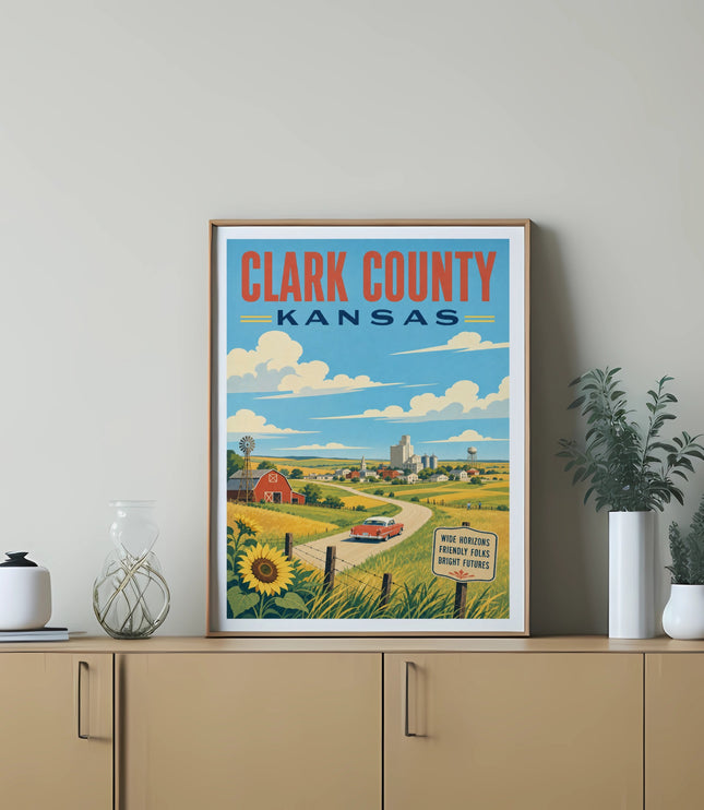 Vintage travel poster for Clark County, Kansas with a farm scene.