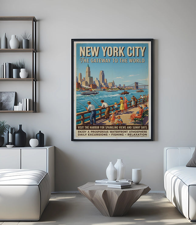Framed New York City travel poster with skyline, boats, and people fishing.