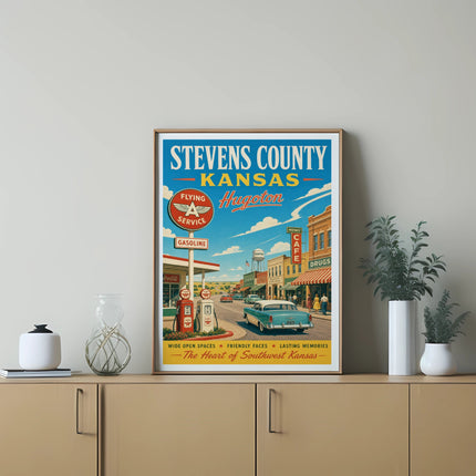 Vintage Stevens County, Kansas travel poster with car and retro signs.