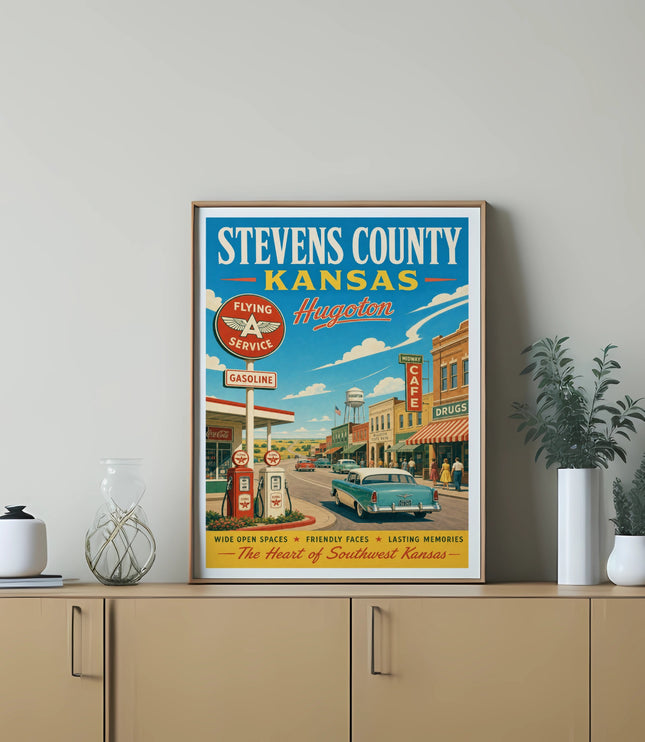 Vintage Stevens County, Kansas travel poster with car and retro signs.