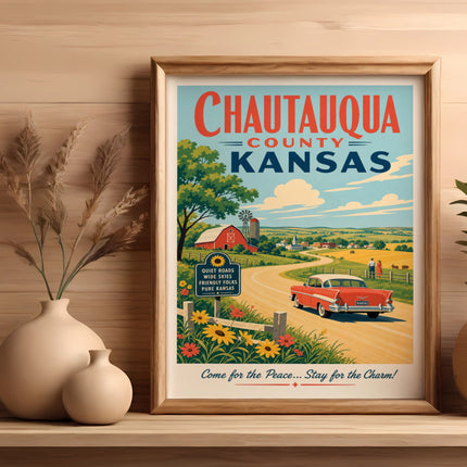Chautauqua County, Kansas travel poster with vintage car, farm, and text.