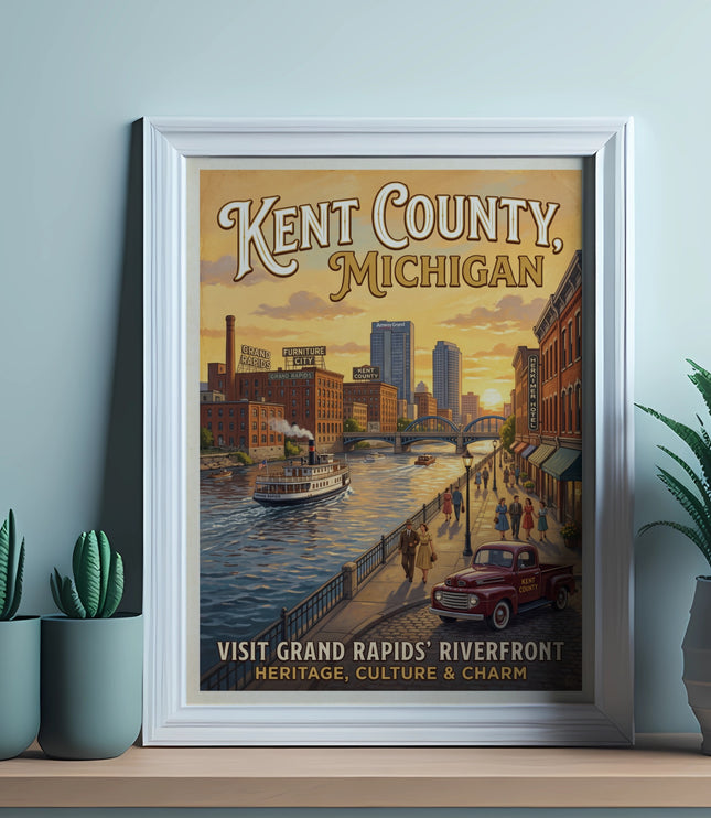 Retro poster of Grand Rapids, Michigan riverfront with boat, buildings, and people.