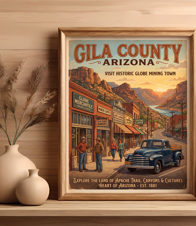 Gila County Arizona vintage travel poster of a historic mining town.