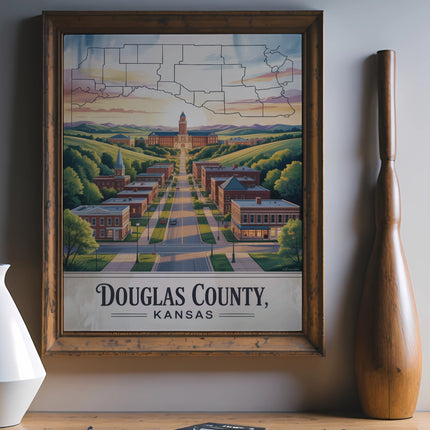 Illustration of Douglas County, Kansas, with buildings and landscape.