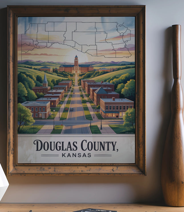 Illustration of Douglas County, Kansas, with buildings and landscape.