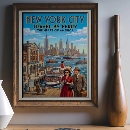 New York City travel by ferry vintage poster with cityscape and couple.