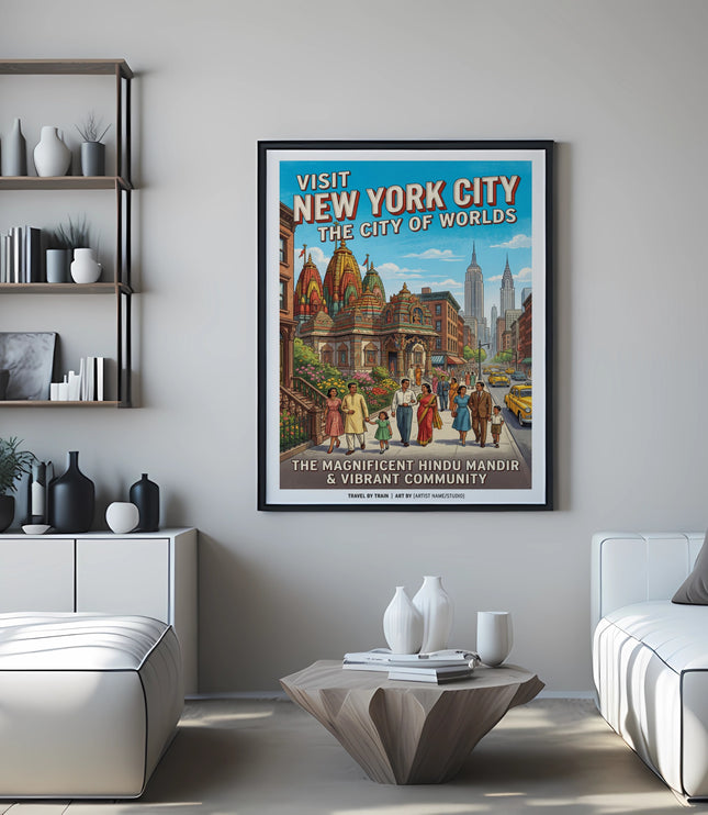 Vintage poster of New York City featuring a Hindu temple and skyline.