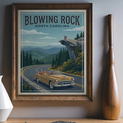Vintage poster of Blowing Rock, North Carolina with a convertible and mountain views.