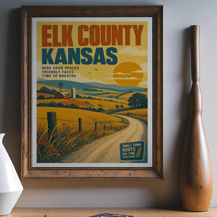 Elk County, Kansas vintage travel poster with rolling hills and text.