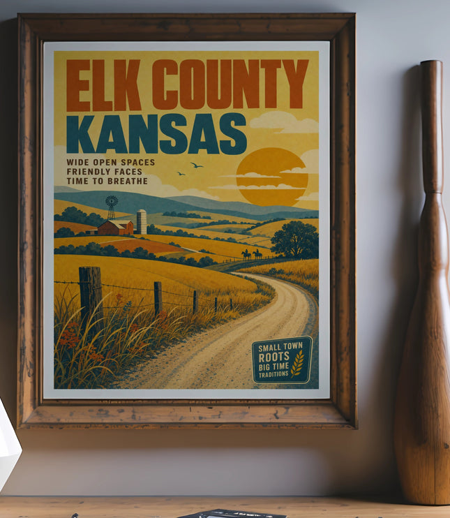 Elk County, Kansas vintage travel poster with rolling hills and text.