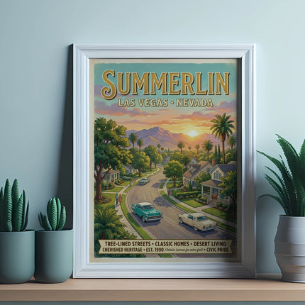 Summerlin Las Vegas Nevada art with vintage cars and desert homes under sunset.