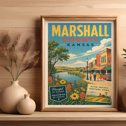 Marshall County, Kansas vintage travel poster with buildings, people, river, and text.