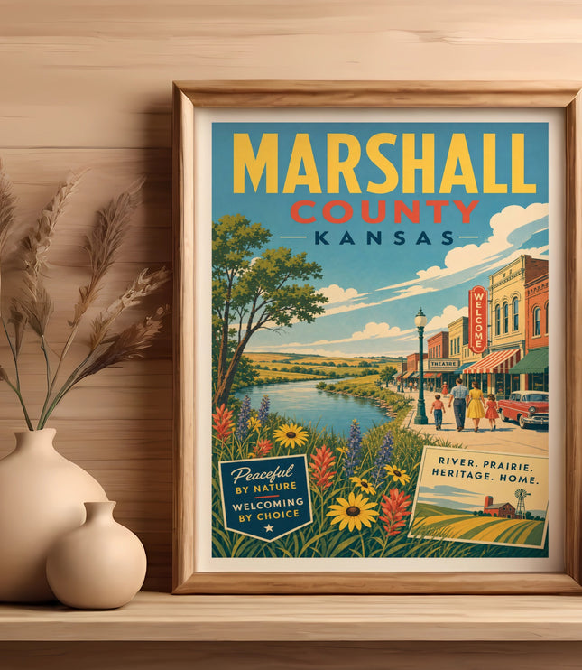 Marshall County, Kansas vintage travel poster with buildings, people, river, and text.