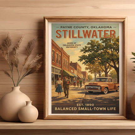Stillwater, Oklahoma vintage travel poster with vintage truck and people.