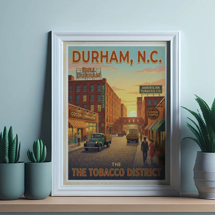 Vintage poster of Durham, N.C. Tobacco District with buildings, trucks, and people.