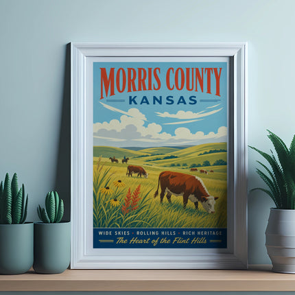 Morris County Kansas vintage travel poster with cows and text.